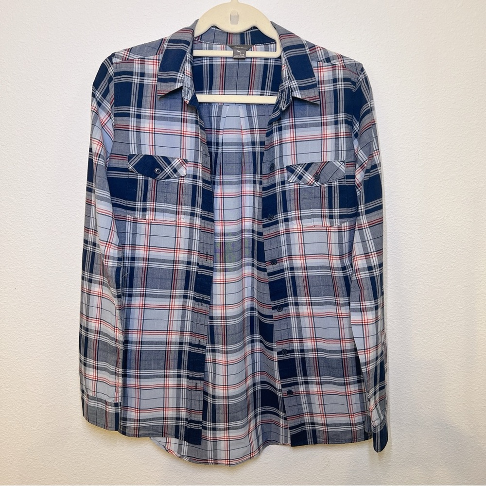 EDDIE BAUER•Cotton Button-Up Shirt, Blue/White/Red Plaid•Women's Tall Med (TM)